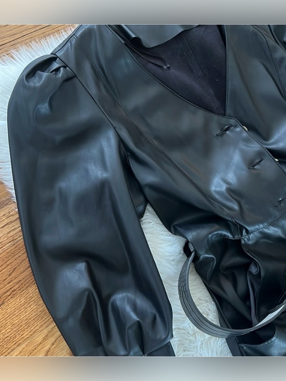Zara Black Faux Leather Button-Front Midi Dress with Belt - Picture 5 of 8